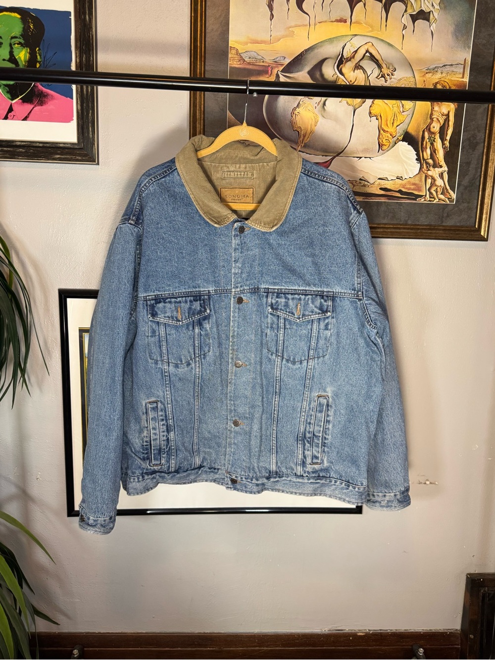 Vintage Light Blue Flannel Lined Denim Jacket With Corduroy Collar